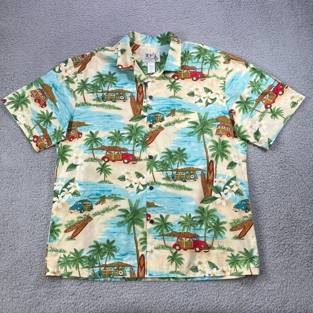 Kys Hawaiian Shirt Men XL Woody Wagon Car Surf Board Tropical 100%‎ Cotton USA